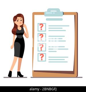 Cartoon young standing woman thinking about time management. Businesswoman have problems with her to do list. Illustration of thinking trouble, checklist with question marks Stock Vector