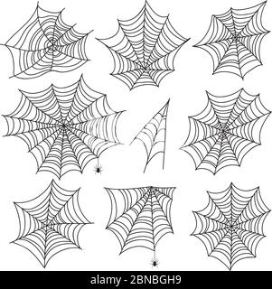 Halloween spiderweb. Black cobweb and spider silhouettes. Scary web vector graphics isolated on white background. Spiderweb silhouette, cobweb halloween illustration Stock Vector