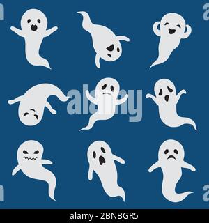 Scary ghosts. Cute halloween ghost. White silhouette vector boohoo ghostly characters isolated. Cartoon ghost halloween, scary silhouette ghostly illustration Stock Vector