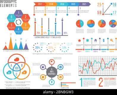 Infographics elements. Statistics chart, option flowchart and timeline. Diagram, budget graph. Business presentation vector graphics. Flowchart template, timeline and circle graph illustration Stock Vector