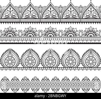 Mehndi seamless borders. Henna oriental patterns. Indian floral vector frames. Mehndi pattern outline, indian ornament frame illustration Stock Vector