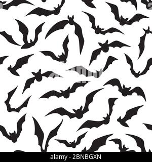 Halloween bat seamless pattern. Scary vampire animal silhouettes. Vector bats endless background. Halloween scary vampire black illustration Stock Vector