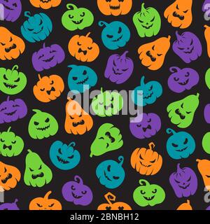 Halloween pumpkins seamless pattern. Scary jack o lantern face silhouettes. Happy halloween vector endless backdrop. Illustration of halloween pattern seamless colored Stock Vector