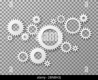 Gears background. Cogwheels gearing isolated on transparent background. Machine components industrial and engineering vector concept. Illustration of gear cogwheel, mechanical mechanism process Stock Vector