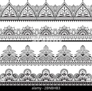 Mehndi indian design. Henna oriental seamless borders. Indian floral ornament vector frames. Illustration of border seamless pattern tattoo embellishment Stock Vector