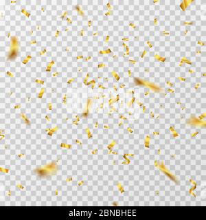 Golden confetti. Gold yellow ribbons flying down isolated. Wedding party background. Decoration confetti ribbon for carnival and anniversary birthday illustration Stock Vector
