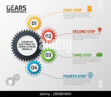 Gears infographics. Cogs gearing process planning, timeline and engineering infochart with options vector presentation template. Chart process, infochart data plan gear illustration Stock Vector