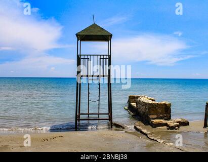 A beach guard lookout tower on Laganas Beach, Zante, Greece. Stock Photo
