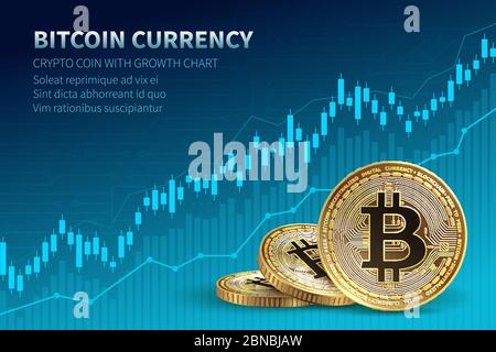 Bitcoin currency. Crypto coin with growth chart. International stock exchange. Network bitcoin marketing vector banner. Illustration of chart exchange currency crypto Stock Vector