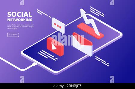 Social media and phone. Internet marketing, like message icons over smartphone. Mobile cloud community vector isometric concept. Illustration of content online, video screen and application Stock Vector