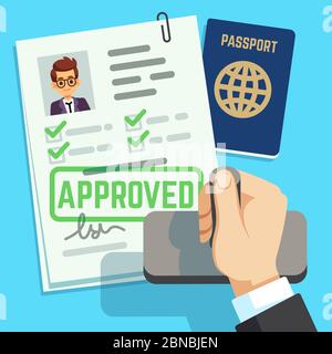 Visa concept. Passport or visa application. Travel immigration stamp vector illustration. Immigration stamp to travel and business, paper approval Stock Vector