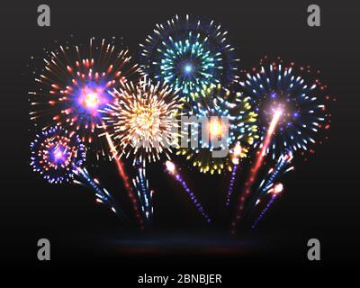 Fireworks background. Firework petard exploding in night. Light effect with firecracker sparks. 2019 happy new year vector backdrop. Firework with colored sparkle, petard and firecracker illustration Stock Vector