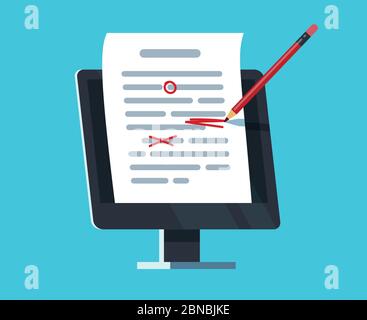 Editable online document. Computer documentation, essay writing and editing. Copywriter and text editor vector concept. Document online editing, storytelling content illustration Stock Vector
