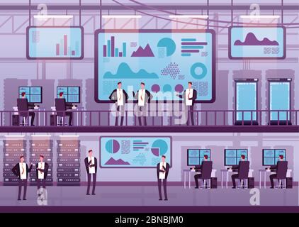 Control center. Business people working with computers big monitor. Brokers trading on stock exchange in datacenter. Vector concept broker people, market finance illustration Stock Vector