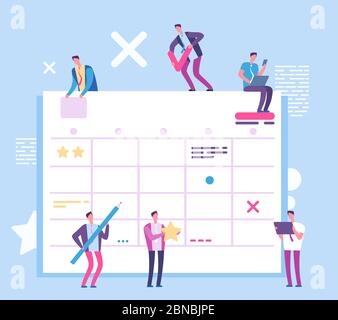 Task planning board. People with big scrum process board. Business and ream working vector concept. Scrum work project, management business and task board illustration Stock Vector