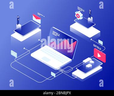 Network and affiliate marketing concept. Referral programs business clients recommendation. Internet revenue isometric background. Affiliate management internet line illustration Stock Vector