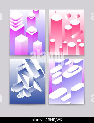 Abstract 3d shapes. Cool gradient isometric shapes technologic futuristic backgrounds. Vector modern book covers. Illustration of color geometric isometric card and brochure design Stock Vector