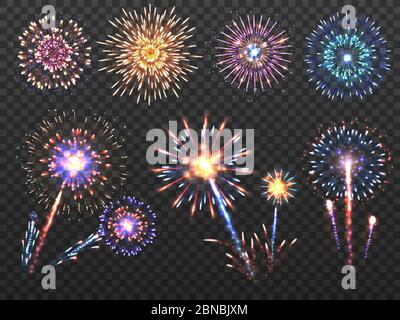 Fireworks. Holiday firework explosion in night, firecracker sparks. Happy new year vector decoration set isolated. Explosion firecracker, holiday bright celebration illustration Stock Vector