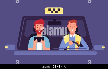 Taxi app. Client and taxi driver inside cab cabin. Taxi booking smartphone application vector background. Illustration of taxi client in automobile Stock Vector