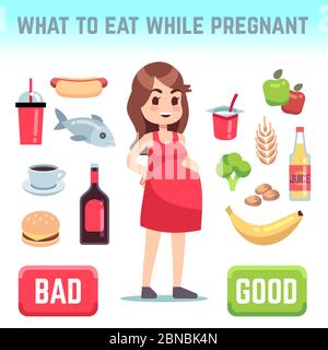 Pregnant woman dieting. Bad and good food during pregnancy. Pregnant family diet vector infographic. Illustration of woman pregnancy diet, healthy food for mother Stock Vector