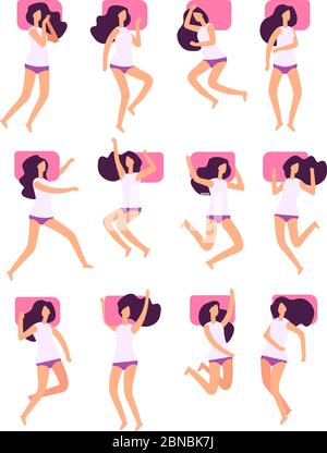 Sleeping poses. Woman sleeps in different postures with pillow. Female slumber lying in bed vector set. Illustration of woman rest position, pose sleep Stock Vector