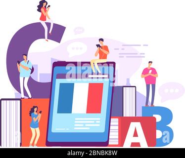 Foreign language online learning. People with smartphones studying french with online teacher. Education vector concept. Illustration of online training and teaching Stock Vector
