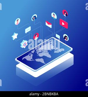 Social network and world map. Internet marketing, like and message icons. Chatting and internet communication isometric vector concept. Chat mobile, like 3d icon, message app tag social illustration Stock Vector