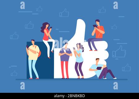 Like concept. People with phones at big thumbs up, like icon. Social media community vector background. Like people community, thumb up and smartphone communication illustration Stock Vector