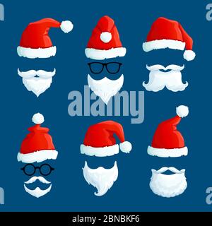Santa hats with moustache and beards. Cartoon santa front wearing. Winter clothes isolated vector set. Illustration of claus hat red, santa christmas Stock Vector