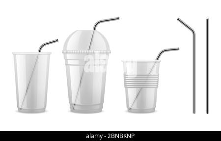 Metal drinking straw. Reusable steel straw cocktail equipment vector isolated set. Cocktail plastic cup for beverage with straw for drink illustration Stock Vector