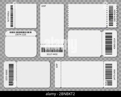 Ticket templates. Blank admit one festival concert theater raffle tickets and coupons with barcode isolated vector set. Concert ticket, coupon with bar code illustration Stock Vector