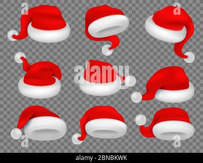 Christmas santa claus hats. Winter xmas holiday headwear. Red plush santa caps realistic vector isolated set. Hat claus, santa clothing costume illustration Stock Vector