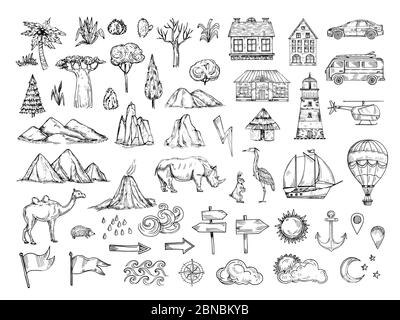 Map elements. Sketch hill and mountain, tree and bush, buildings and clouds. Vintage hand drawn vector symbols for cartography. Illustration of house and car, lighthouse and ship, animal and pointer Stock Vector