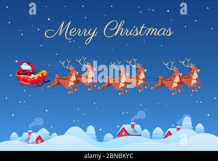 Santa Claus and reindeers. Santa flying over winter landscape. Christmas vector card. Greeting card holiday christmas illustration Stock Vector