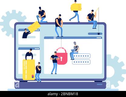 Hackers steal information. Cyber criminals hack personal data from computer. Web security and hacker internet activity vector concept. Hacker unlock information, steal and crime computer data Stock Vector