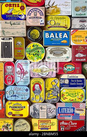 A European selection of canned fish with a classic and retro packaging design. Stock Photo