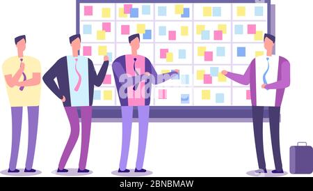 Scrum planning board. Employees planning work at taskboard. Business process leaning and meeting vector concept. Team work meeting, process methodology teamwork illustration Stock Vector