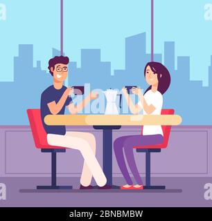 Couple drinking coffee. Flirting woman and man at table with coffe cups in cafe. Romantic date vector concept. Illustration of drink coffee in cafe Stock Vector