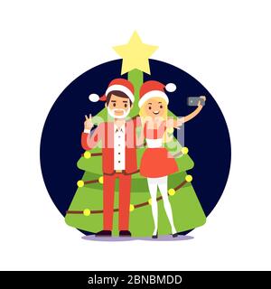 Cartoon character couple in Santa clothers taking selfie. Christmas party vector illustration. Man and woman happy new year Stock Vector