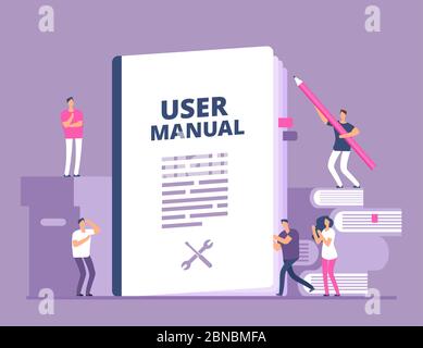 User manual concept. People with guide instruction or textbooks. User reading guidebook and writting guidance. Vector illustration. Manual book instruction, handbook help guide Stock Vector