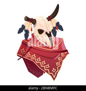 Cartoon character buffalo skull clothing indian poncho. Vector buffalo isolated on white background illustration Stock Vector