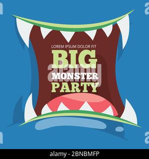 Big monster party banner template with vector monster mouth illustration Stock Vector