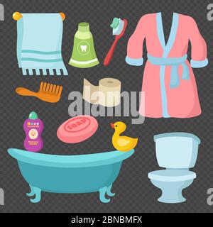 Cartoon bathroom accessories vocabulary vector isolated on transparent background illustration Stock Vector