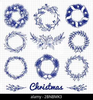 Ballpoint pen drawing Christmas doodle wreath and decorative branches. Vector christmas wreath decoration, winter greeting xmas illustration Stock Vector