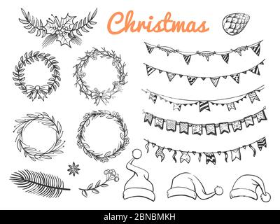 Big sketch Christmas symbols vector elements isolated on white background. Illustration of sketch christmas holiday, xmas celebration Stock Vector