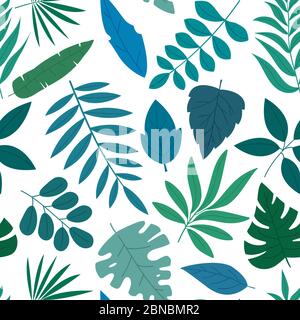 Seamless pattern set of a lot of different blue and green tropical exotic leaves, plants and fruits on white background. Collection of completed and i Stock Vector