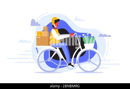 A courier in helmet rides a bike to quickly and efficiently deliver the packages to the client who ordered some goods. Delivery service concept. Trend Stock Vector
