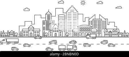 Line city. Outline town street with buildings and cars. Modern vector doodle cityscape and transportation. Illustration of town and city street line Stock Vector