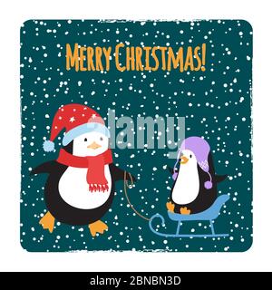 Cute cartoon family penguins Christmas cards design isolated on white. Vector illustration Stock Vector
