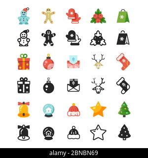 Christmas festive flat icons and silhouette icons isolated on white background. Christmas holiday icons collection, star and deer, bell and envelope. Vector illustration Stock Vector